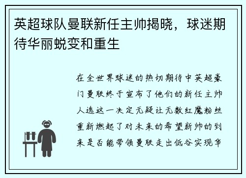 英超球队曼联新任主帅揭晓，球迷期待华丽蜕变和重生